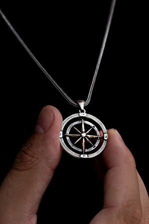Erkek Gümüş Kolye - Pusula Motif Erkek 925 Ayar Gümüş Kolye Zincir