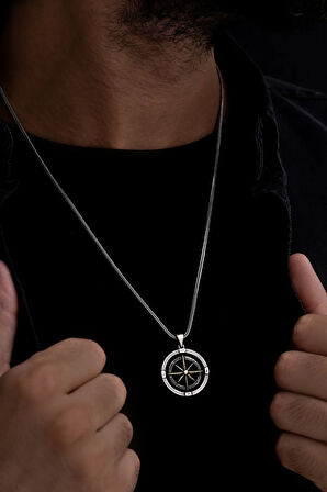 Erkek Gümüş Kolye - Pusula Motif Erkek 925 Ayar Gümüş Kolye Zincir