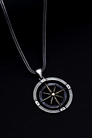 Erkek Gümüş Kolye - Pusula Motif Erkek 925 Ayar Gümüş Kolye Zincir