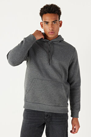 Erkek Antrasit-melanj Standart Fit Içi Polarlı 3 Iplik Kapüşonlu Pamuklu Sweatshirt