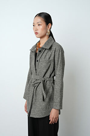 Kadın Gri-Siyah Desenli Cepli Kuşaklı Tesettür Gömlek-Ceket