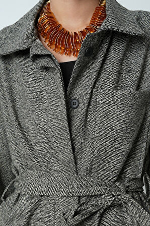 Kadın Gri-Siyah Desenli Cepli Kuşaklı Tesettür Gömlek-Ceket