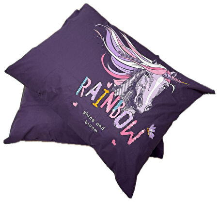 Clasy Ranforce 2 Adet Yastık Kılıfı Unicorn Desenli Çocuk Desen Mor 