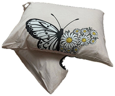Clasy Ranforce %100 Pamuk 2 Adet Yastık Kılıfı Kelebek Desenli Pudra