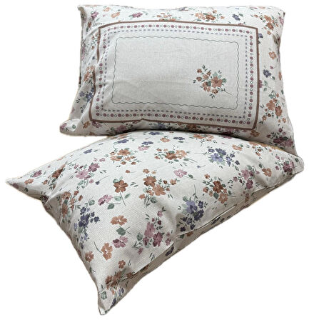 Clasy Ranforce %100 Pamuk 2 Adet Yastık Kılıfı Çiçek Desenli Krem