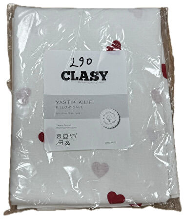 Clasy Ranforce %100 Pamuk 2 Adet Yastık Kılıfı Kalp Desenli Beyaz
