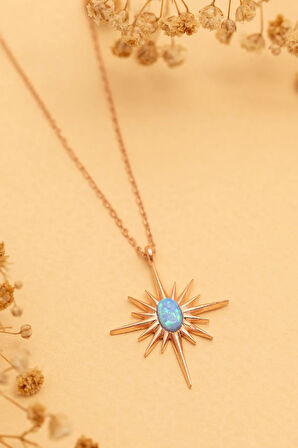 Kadın Gümüş Kolye - Rose Altın Kaplama Renk Mavi Opal Taşlı Kutup Yıldızı Gümüş Kolye