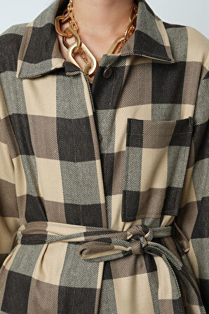 Kadın Ekose Desenli Tek Cepli Kuşaklı Tesettür Gömlek-Ceket