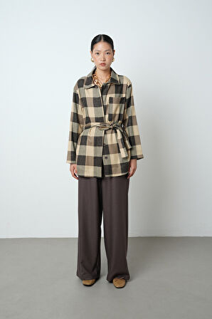 Kadın Ekose Desenli Tek Cepli Kuşaklı Tesettür Gömlek-Ceket