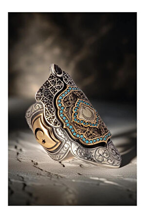 Erkek Ay Yıldız İşlemeli Turkuaz Ve Siyah Zirkon Taşlı 925 Ayar Gümüş Yüzük Zihgir Model