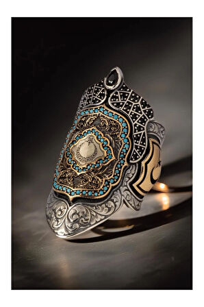 Erkek Ay Yıldız İşlemeli Turkuaz Ve Siyah Zirkon Taşlı 925 Ayar Gümüş Yüzük Zihgir Model