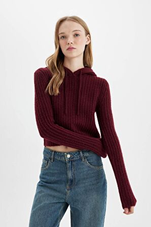 DeFacto Regular Fit Basic Düz Kapüşonlu Crop Triko Kazak C7333AX24WNBR304