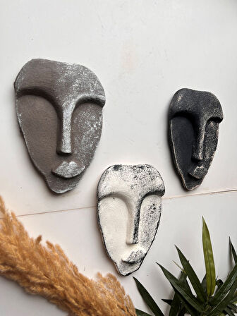 El Yapımı Taş Heykel Soyut Yüz Maske 3'li Set, Modern beton, eskitme taş görünümlü duvar dekor