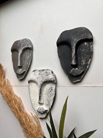 El Yapımı Taş Heykel Soyut Yüz Maske 3'li Set, Modern beton, eskitme taş görünümlü duvar dekor