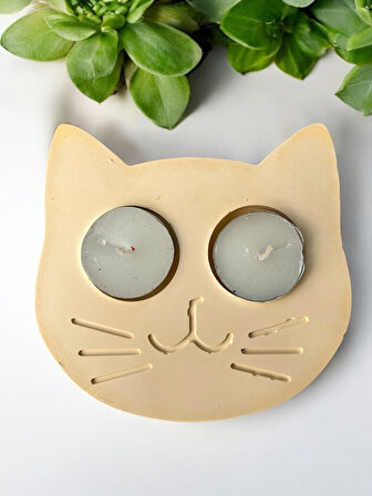 Sarı Kedi Şekilli Beton Mumluk - El Yapımı Dekoratif Çay Işığı tealight Mumluk - Minimalist Kedi Temalı Ev Dekoru- Aromaterapi