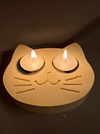 Sarı Kedi Şekilli Beton Mumluk - El Yapımı Dekoratif Çay Işığı tealight Mumluk - Minimalist Kedi Temalı Ev Dekoru- Aromaterapi