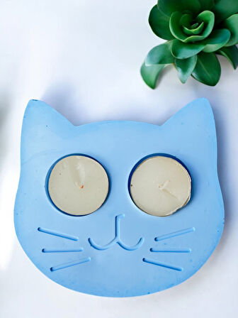 Mavi Kedi Şekilli Beton Mumluk - El Yapımı Dekoratif Çay Işığı tealight Mumluk - Minimalist Kedi Temalı Ev Dekoru- Aromaterapi