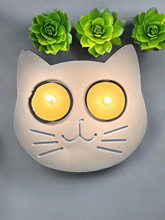 Mavi Kedi Şekilli Beton Mumluk - El Yapımı Dekoratif Çay Işığı tealight Mumluk - Minimalist Kedi Temalı Ev Dekoru- Aromaterapi