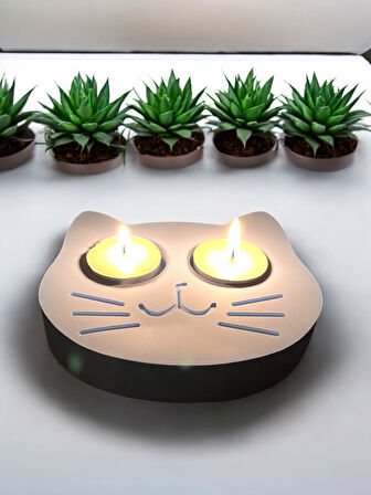 Mavi Kedi Şekilli Beton Mumluk - El Yapımı Dekoratif Çay Işığı tealight Mumluk - Minimalist Kedi Temalı Ev Dekoru- Aromaterapi