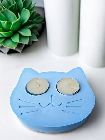 Mavi Kedi Şekilli Beton Mumluk - El Yapımı Dekoratif Çay Işığı tealight Mumluk - Minimalist Kedi Temalı Ev Dekoru- Aromaterapi