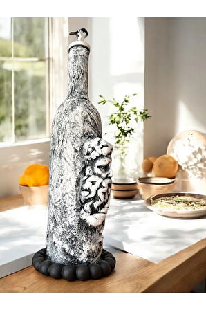 El Yapımı Antik Yüz Figürlü Yağdanlık, Sosluk, Sirkelik Cam Şişe Üzeri Taş Doku, Sunum Standlı