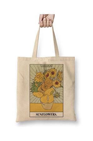 Van Gogh | Sunflowers Beyaz Bez Çanta Uzun Saplı Alışveriş Çantası Plaj Çantası