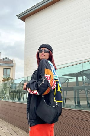Unisex Siyah Oversize Çift Cepli Vintage Baskılı Bomber Ceket Kolej Ceket