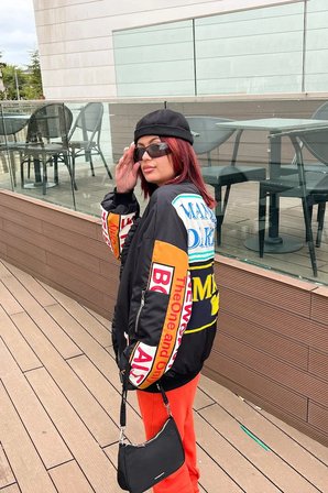 Unisex Siyah Oversize Çift Cepli Vintage Baskılı Bomber Ceket Kolej Ceket