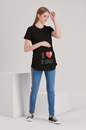 IŞŞIL 4490-Kalpten Bakan Bebek Kısa Kol Viskon Hamile T-Shirt Siyah-M