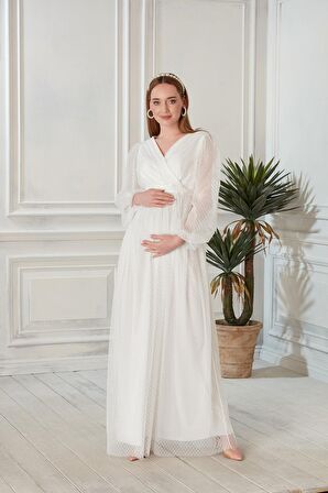 IŞŞIL A0024-Sim Puanlı Tül Maxi Hamile Abiye-BabyShower Elbise