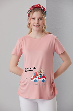IŞŞIL 4474-Babasının Oğlu Geliyoor Viskon Hamile Kısa Kol T-Shirt