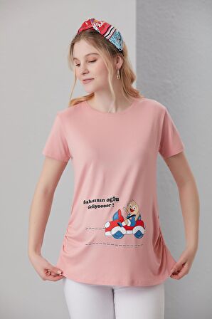 IŞŞIL 4474-Babasının Oğlu Geliyoor Viskon Hamile Kısa Kol T-Shirt