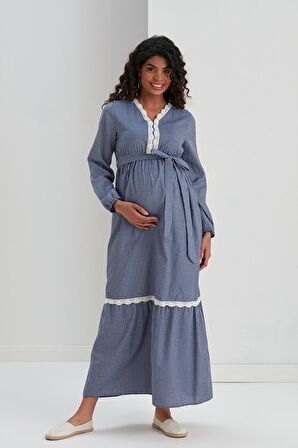 IŞŞIL M057-Mini Kare Dantelli Pamuk Hamile Maxi Elbise