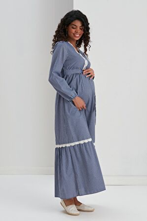 IŞŞIL M057-Mini Kare Dantelli Pamuk Hamile Maxi Elbise