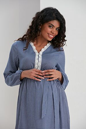 IŞŞIL M057-Mini Kare Dantelli Pamuk Hamile Maxi Elbise