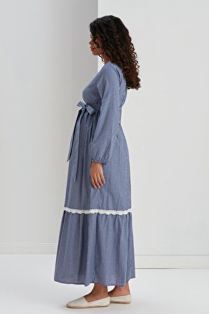 IŞŞIL M057-Mini Kare Dantelli Pamuk Hamile Maxi Elbise