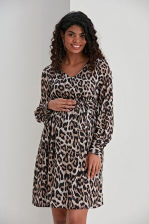 IŞŞIL E0040-Leopar Desen Hamile Qeen Crep Mini Elbise