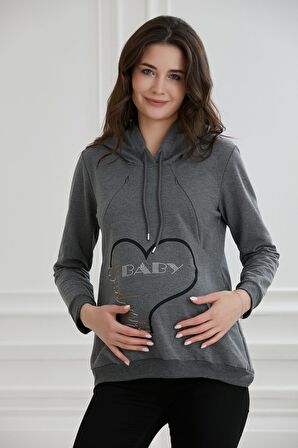 IŞŞIL 8626-Taşlı Baskı Emzirme Detay Hamile Sweatshirt