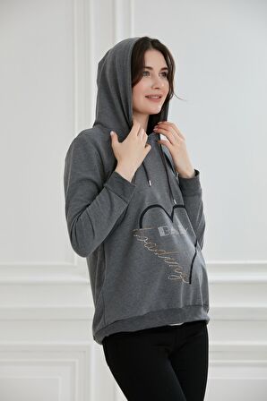 IŞŞIL 8626-Taşlı Baskı Emzirme Detay Hamile Sweatshirt