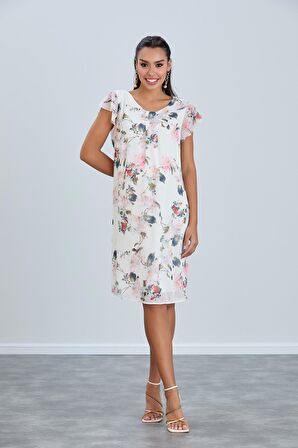 IŞŞIL 2251-Pile Yaka Bahar Çiçekli Desen Şifon Hamile Elbise
