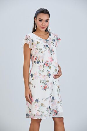 IŞŞIL 2251-Pile Yaka Bahar Çiçekli Desen Şifon Hamile Elbise