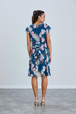 IŞŞIL 2251-Pile Yaka Bahar Çiçekli Desen Şifon Hamile Elbise