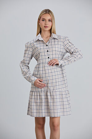 IŞŞIL 115-Ekose Emzirme Detay Pamuk Hamile Tunik-Elbise