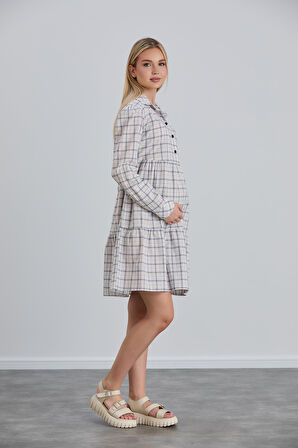 IŞŞIL 115-Ekose Emzirme Detay Pamuk Hamile Tunik-Elbise