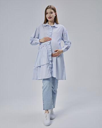 IŞŞIL 50898-Fırfırlı Poplin OwerSize Hamile Gömlek-Tunik