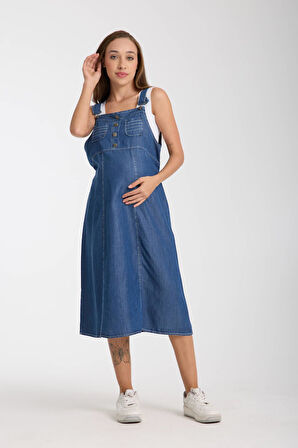 IŞŞIL 4560-Lyocell Askılı Hamile Bahçıvan Midi Boy Elbise