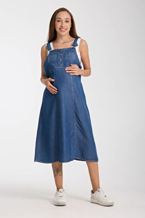 IŞŞIL 4560-Lyocell Askılı Hamile Bahçıvan Midi Boy Elbise