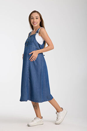 IŞŞIL 4560-Lyocell Askılı Hamile Bahçıvan Midi Boy Elbise