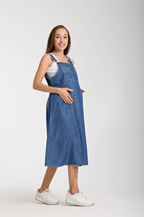 IŞŞIL 4560-Lyocell Askılı Hamile Bahçıvan Midi Boy Elbise