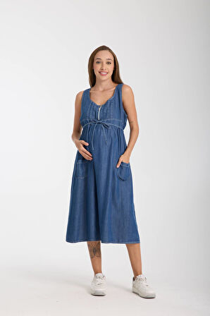 IŞŞIL 4562-Lyocell Emzirme Detaylı Hamile Midi Boy Elbise